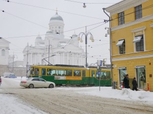 Helsinki Cathedral and Tram (photo credit: Jill Browne).