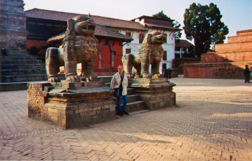 Sally on stairs to a temple lost in the 1934 earthquake