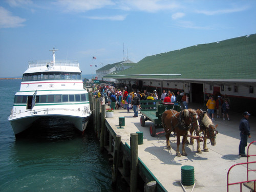 A dray wagon awaits loading at the ferryboat dock.