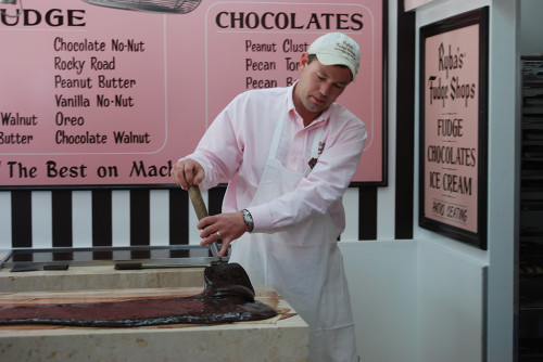 Working the fudge on the marble slab at Ryba's